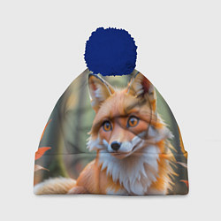 Шапка с помпоном Портрет лисы в осеннем лесу, цвет: 3D-тёмно-синий