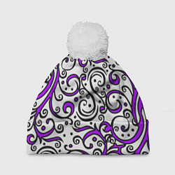 Шапка с помпоном Фиолетовые кружевные узоры, цвет: 3D-белый