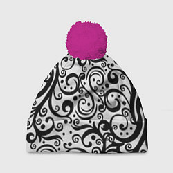 Шапка с помпоном Чёрный кружевной узор, цвет: 3D-малиновый