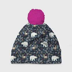 Шапка с помпоном Акварельные медведи и олени, цвет: 3D-малиновый