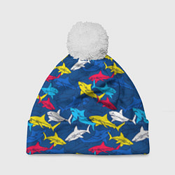 Шапка с помпоном Разноцветные акулы на глубине, цвет: 3D-белый