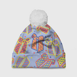 Шапка с помпоном Узор с яркими разноцветными бантами в горошек, цвет: 3D-белый