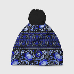 Шапка c помпоном Новогодняя гжельская роспись цветами на чёрном фон