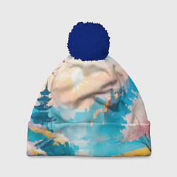 Шапка с помпоном Японский город вдали и цветущая Сакура у реки, цвет: 3D-тёмно-синий