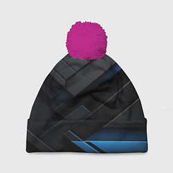 Шапка с помпоном Голубая неоновая полоса на черном, цвет: 3D-малиновый