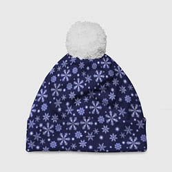Шапка с помпоном Снежный новогодний паттерн сине-фиолетовый, цвет: 3D-белый