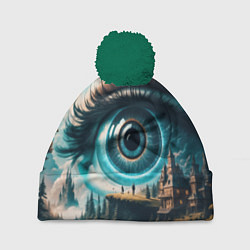 Шапка с помпоном Сюрреалистический глаз и пейзаж, цвет: 3D-зеленый