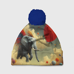Шапка с помпоном Сюрреалистичный слон летит за шариком, цвет: 3D-тёмно-синий