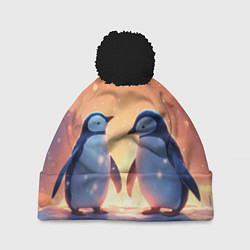 Шапка с помпоном Романтичная пара пингвинов, цвет: 3D-черный