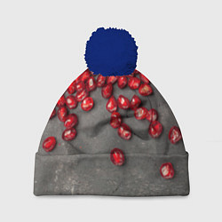 Шапка с помпоном Гранат зёрна граната на сером, цвет: 3D-тёмно-синий