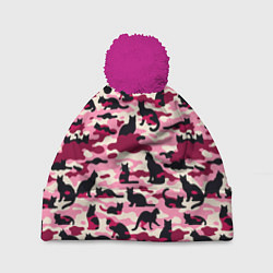 Шапка с помпоном Камуфляжные розовые котики, цвет: 3D-малиновый