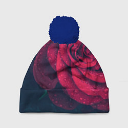 Шапка с помпоном Красная роза на чёрном - woman, цвет: 3D-тёмно-синий