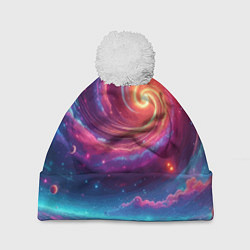 Шапка с помпоном Яркая неоновая галактика - нейросеть, цвет: 3D-белый