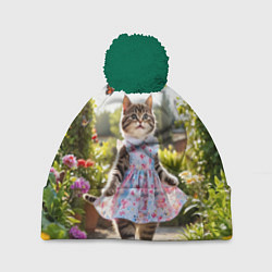Шапка c помпоном Кошка в летнем платье в саду