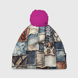 Шапка c помпоном Змеиная кожа - пэчворк