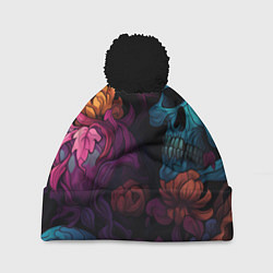 Шапка c помпоном Яркие цветы с черепами