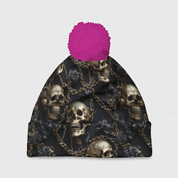 Шапка с помпоном Прикованные золотой цепью черепа, цвет: 3D-малиновый
