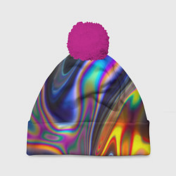 Шапка с помпоном Абстрактный разноцветный жидкий металл, цвет: 3D-малиновый