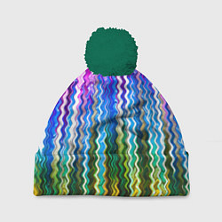 Шапка с помпоном Разноцветные волнистые полосы, цвет: 3D-зеленый