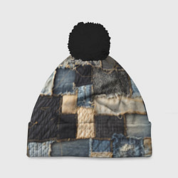 Шапка c помпоном Заплатки пэчворк на джинсе