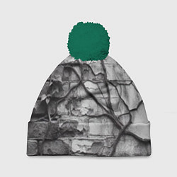 Шапка с помпоном Кирпичная стена с облупившейся штукатуркой и плющо, цвет: 3D-зеленый