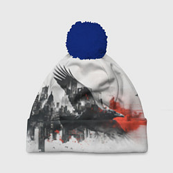 Шапка с помпоном Летающий ворон и город, цвет: 3D-тёмно-синий