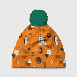 Шапка с помпоном Геометрия в стиле мемфис на оранжевом, цвет: 3D-зеленый