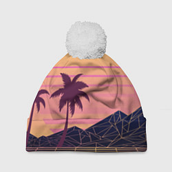 Шапка с помпоном Vaporwave геометрические горы и силуэты пальм, цвет: 3D-белый
