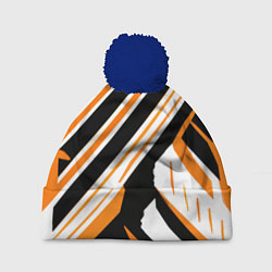 Шапка c помпоном Чёрно-оранжевые полосы на белом фоне