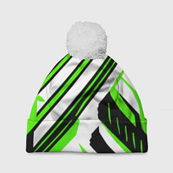 Шапка c помпоном Чёрно-зелёные полосы на белом фоне