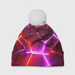 Шапка с помпоном Красные плиты с фиолетовым свечением, цвет: 3D-белый