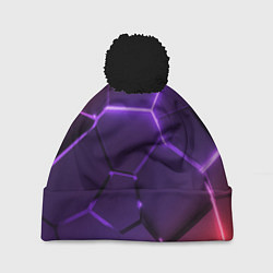 Шапка с помпоном Красно-фиолетовые неоновые плиты в разломе, цвет: 3D-черный