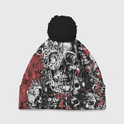 Шапка с помпоном Черепа и скелеты на красном, цвет: 3D-черный