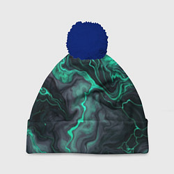 Шапка c помпоном Бирюзовый мрамор на черном фоне