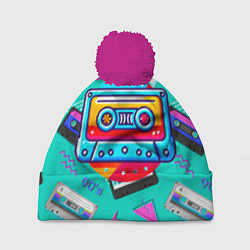 Шапка c помпоном Кассеты и надпись 90s