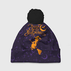 Шапка с помпоном Хэллоуин - ведьма на метле, цвет: 3D-черный