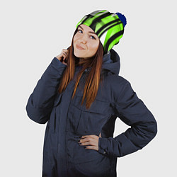 Шапка с помпоном Чёрно-зелёные вертикальные и горизонтальные полосы, цвет: 3D-тёмно-синий — фото 2