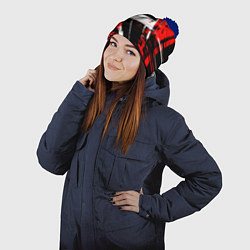 Шапка с помпоном Diagonal black and white stripes on a red backgrou, цвет: 3D-тёмно-синий — фото 2