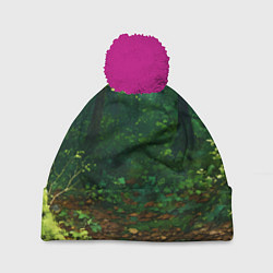 Шапка с помпоном Зелёный летний лес, цвет: 3D-малиновый