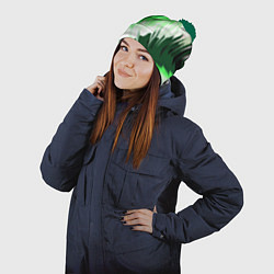 Шапка с помпоном Зелёно-белая абстракция на чёрном фоне, цвет: 3D-зеленый — фото 2