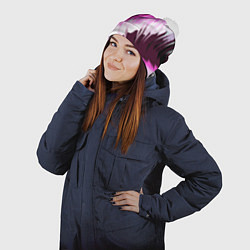 Шапка с помпоном Бело-розовые острые полосы на чёрном фоне, цвет: 3D-белый — фото 2