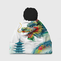Шапка c помпоном Japanese watercolor dragon - art