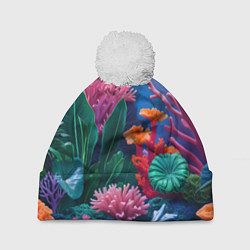 Шапка с помпоном Подводные кораллы, цвет: 3D-белый