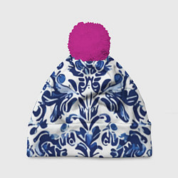 Шапка с помпоном Гжель русский узор акварель, цвет: 3D-малиновый