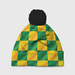Шапка с помпоном Желтый и зеленый геометрический паттерн, цвет: 3D-черный