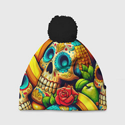 Шапка с помпоном Colorfull skulls and bananas - pop art pattern, цвет: 3D-черный