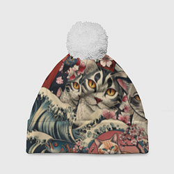 Шапка с помпоном Котики и рыбки в сакуре, цвет: 3D-белый