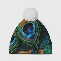 Шапка с помпоном Узоры и перья павлина, цвет: 3D-белый