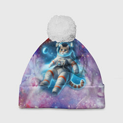 Шапка с помпоном The cat is a brave cosmonaut - ai art, цвет: 3D-белый