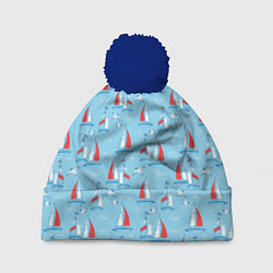 Шапка с помпоном Морской паттерн с парусными лодками и чайками, цвет: 3D-тёмно-синий